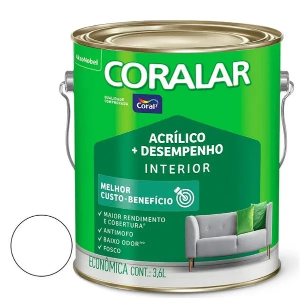 Tinta Acrílica Econômica Mais Desempenho Cor Branco Interior 3,6 Litros Coralar Coral